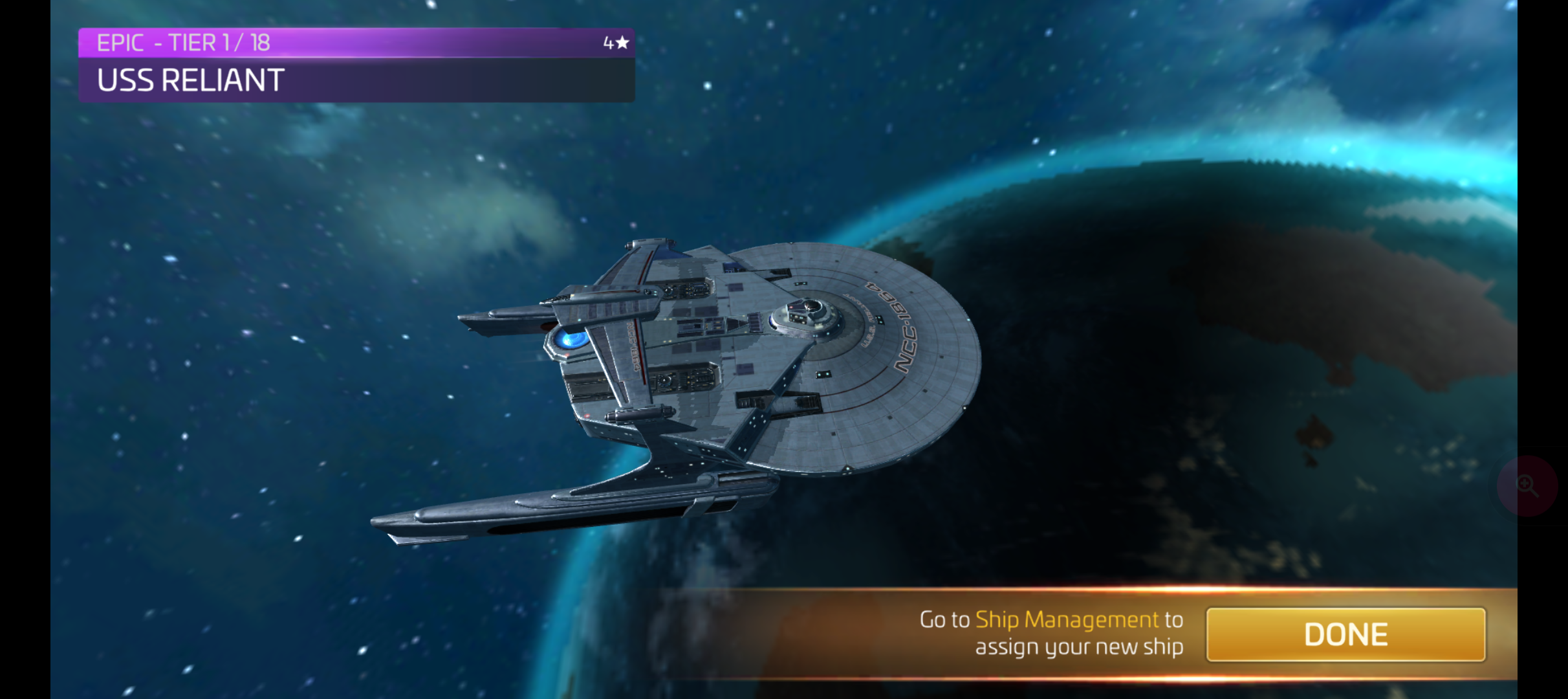 A spaceship labeled USS Reliant is floating in space with text options for management and completion.