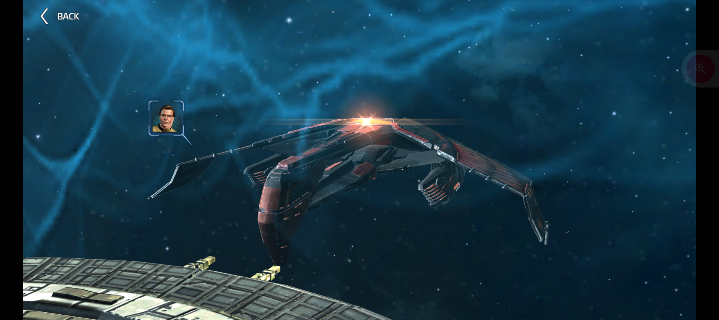 A futuristic spacecraft with glowing engines is docked at a space station against a starry background.