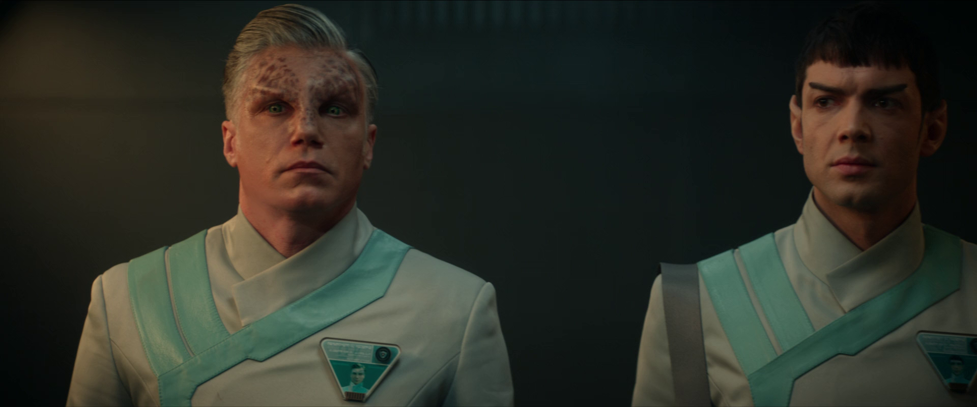 Captain Pike of the Starship Enterprise, disguised as a native of another planet and Science Officer Spock, without such a disguise. They exchange the following dialog: Is this wise? I am clearly alien. That's what I'm counting on.