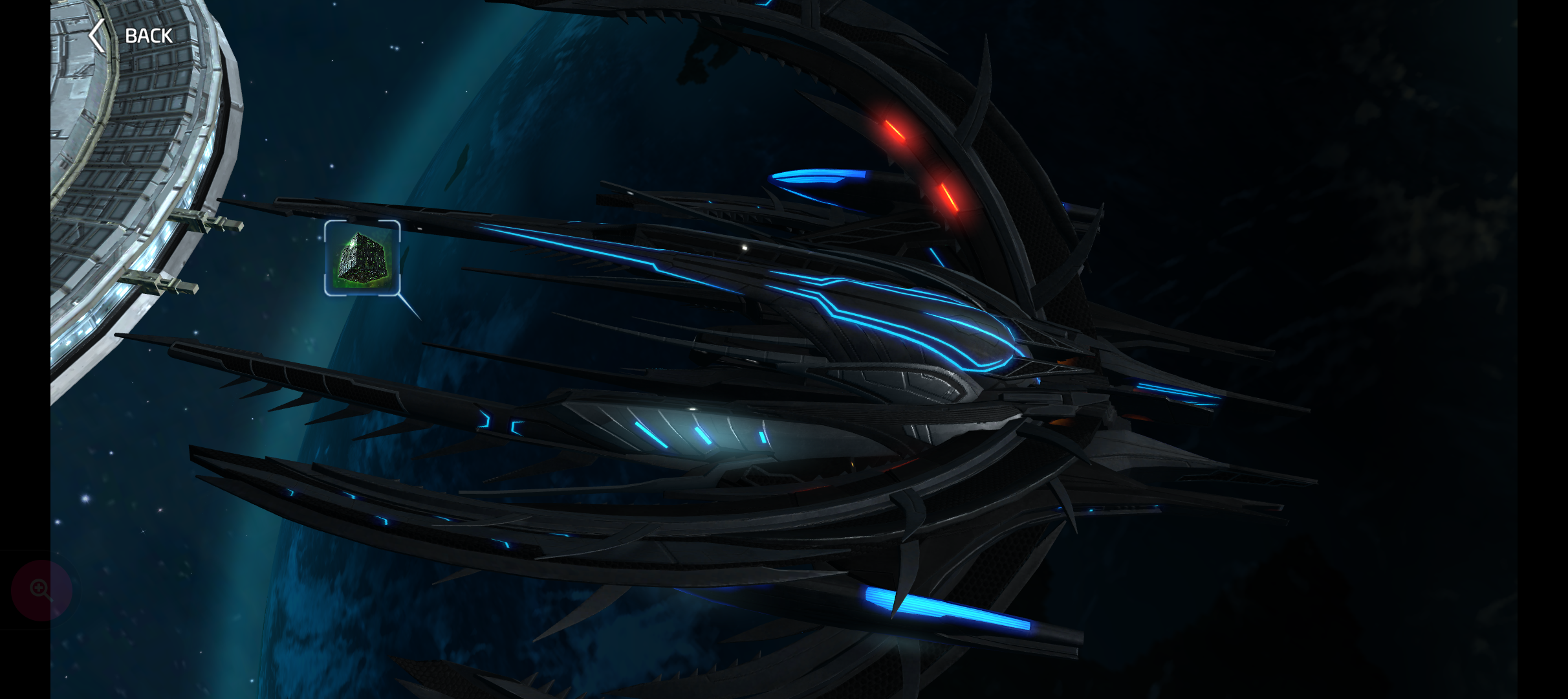 A sleek, futuristic spaceship with glowing blue accents is floating near a large space station above a planet.
