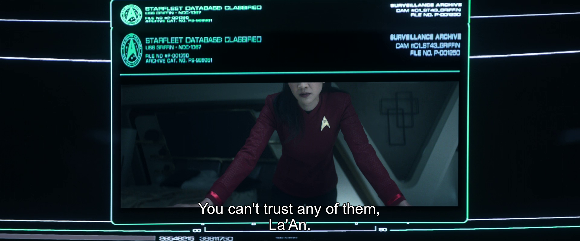 What seems to be a recording of a Starfleet officer's personal log seemingly takes on a life of its own and begins speaking to an increasingly paranoid security officer telling her "You can't trust any of them La'an."