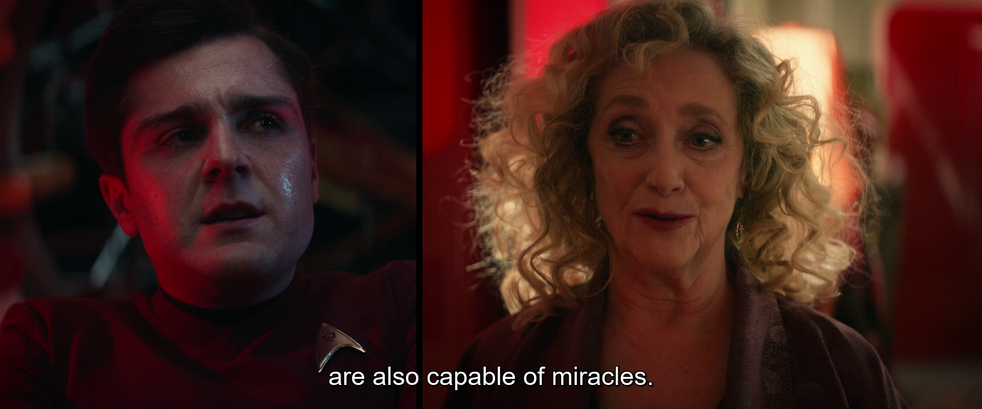 A man and a woman are having a conversation, with the subtitle reading are also capable of miracles.