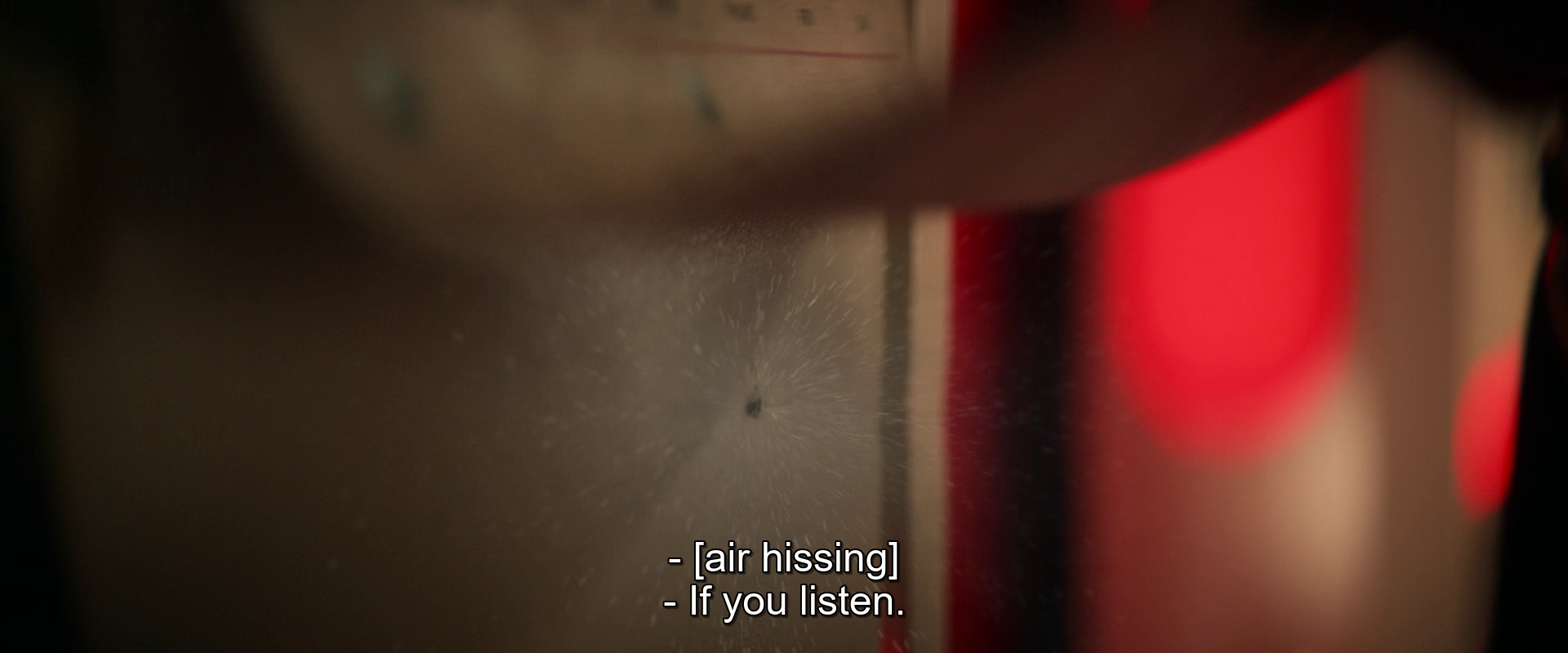 A close-up shot shows air hissing from a damaged bulkhead with subtitles reading - [air hissing] - If you listen.